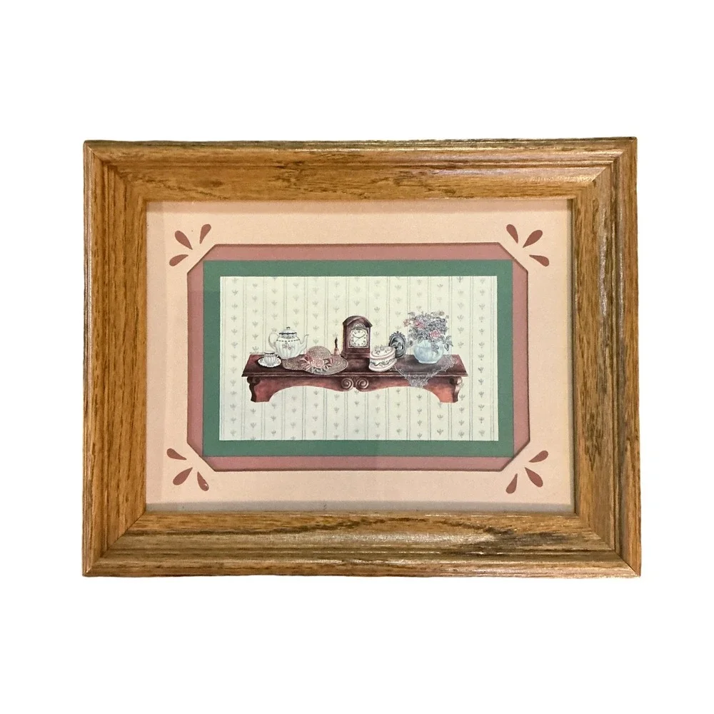 Vintage Oak Framed Still Life Art Print Teapot Clock Floral Cottagecore 9.5x7.5